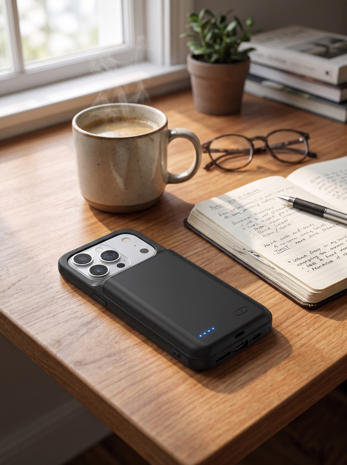 iPhone in the Blaze battery charging case on a cozy desk