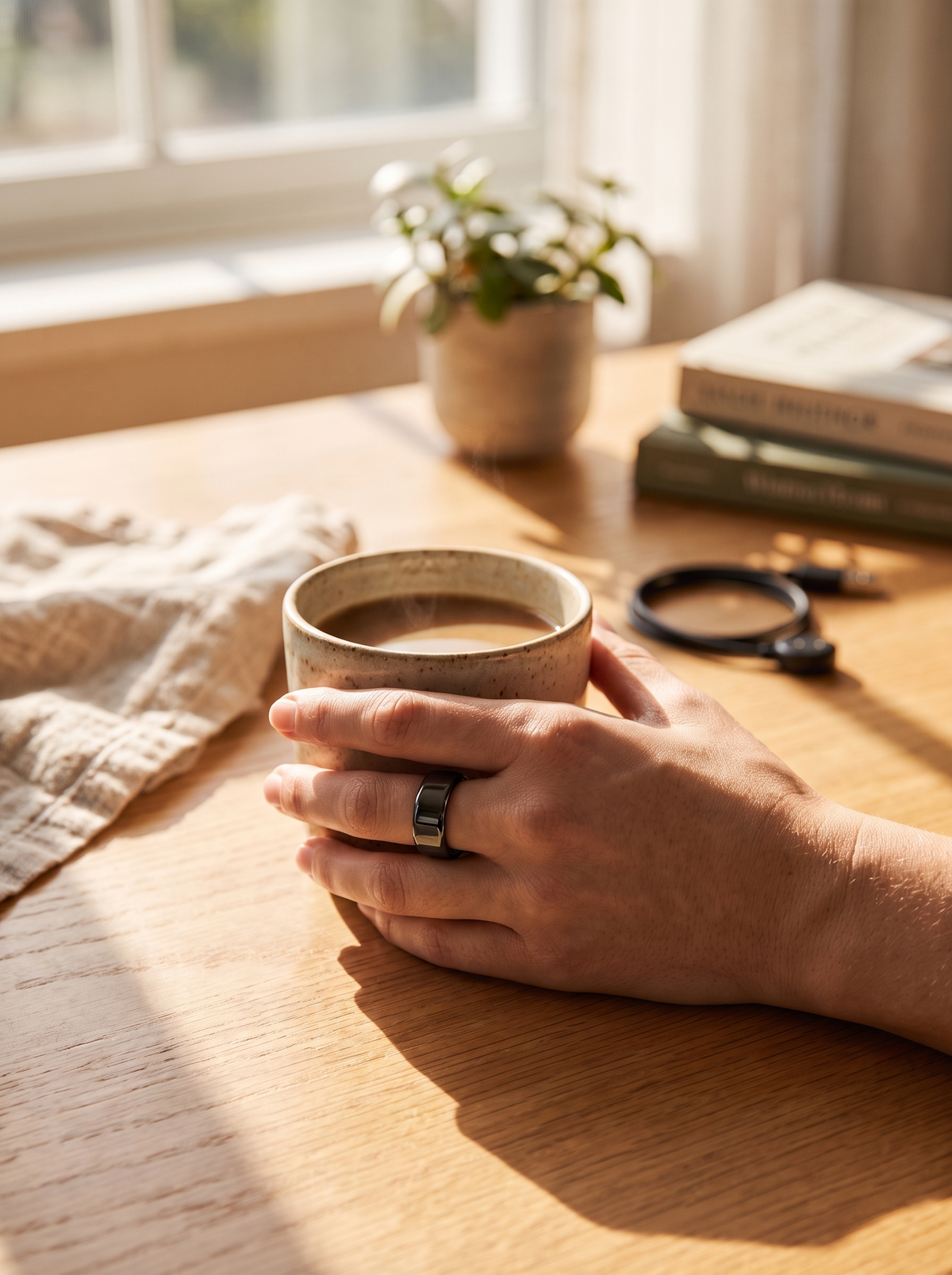 The Blaze Ring worn as jewelry while holding coffee