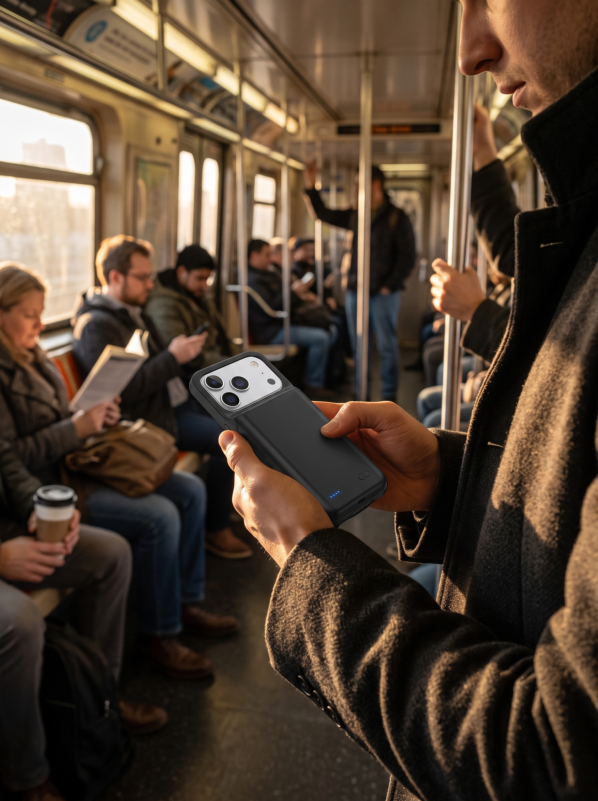 iPhone in the Blaze battery charging case on a morning commute