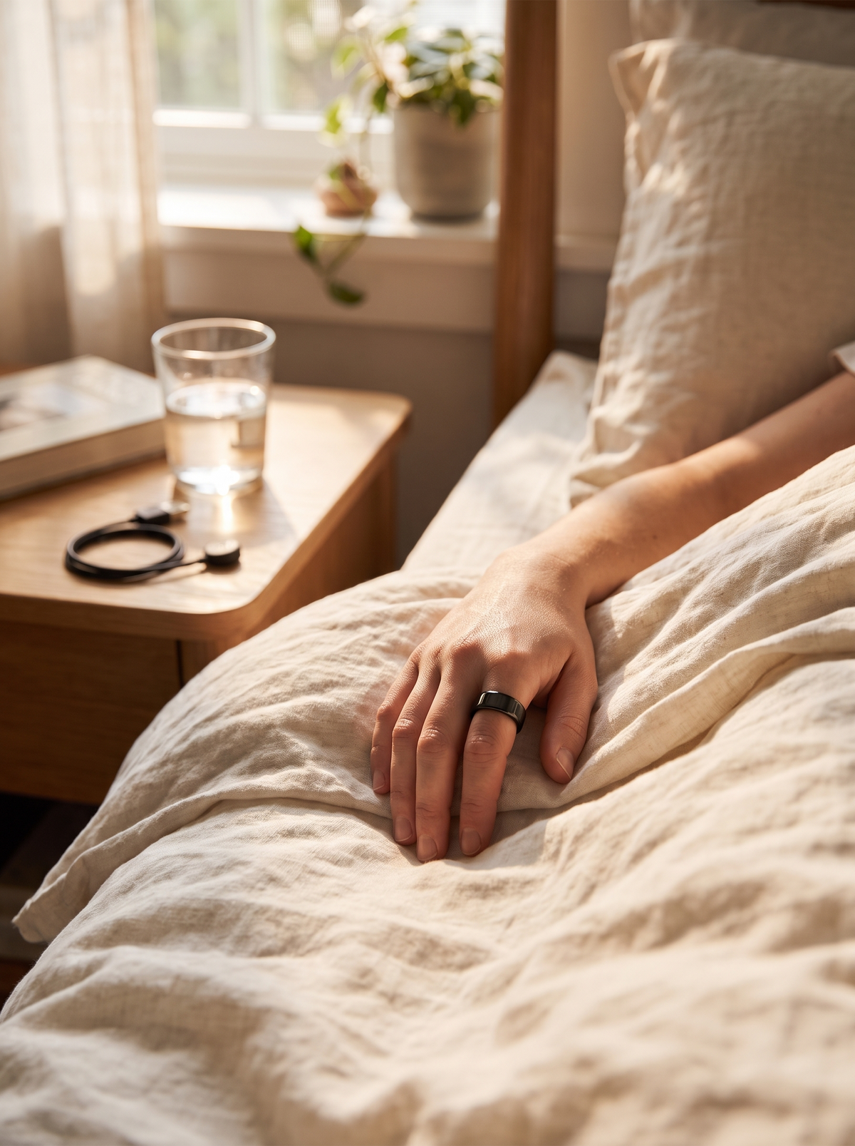 The Blaze Ring worn while sleeping in cozy bedding