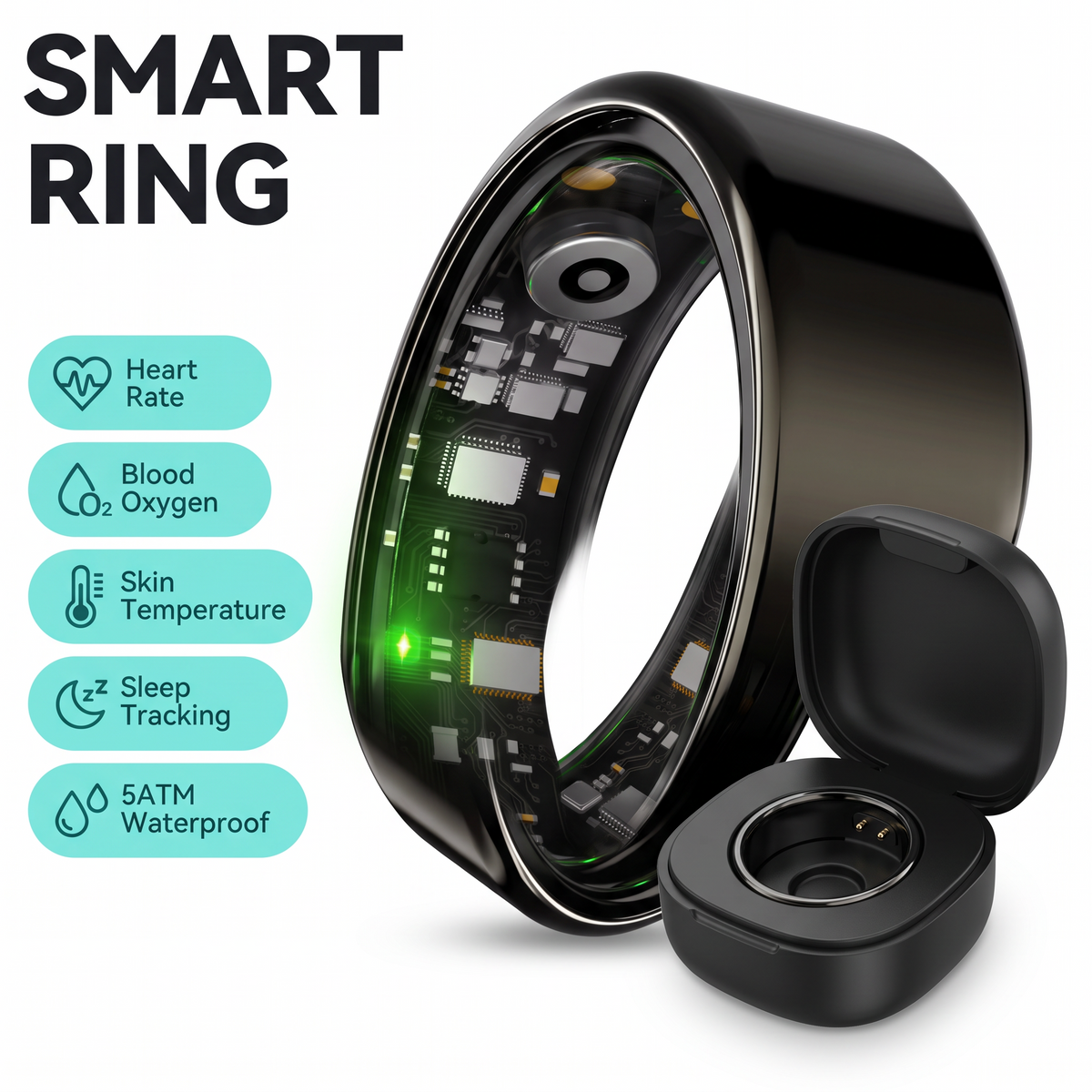 R09 Smart Ring - heart rate, blood oxygen, skin temperature, sleep tracking, 5ATM waterproof