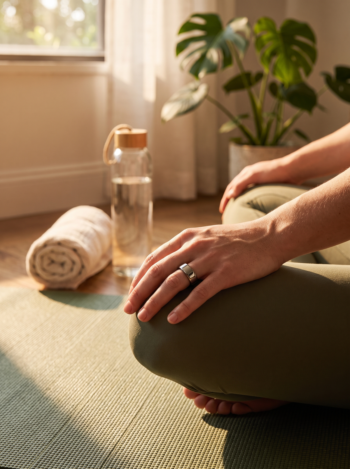 The Blaze Ring worn during a calm yoga moment at home