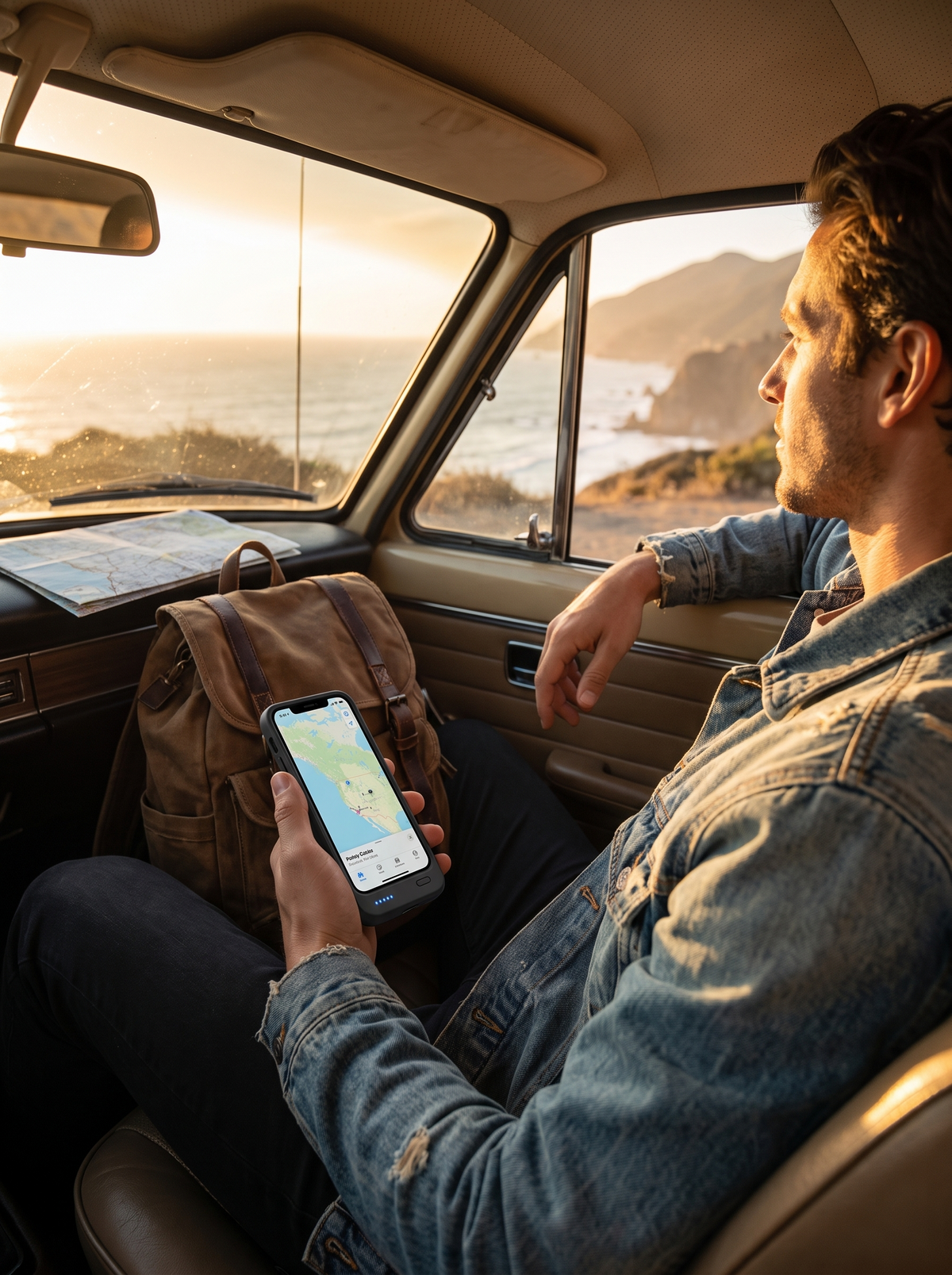 iPhone in the Blaze battery charging case on a coastal road trip