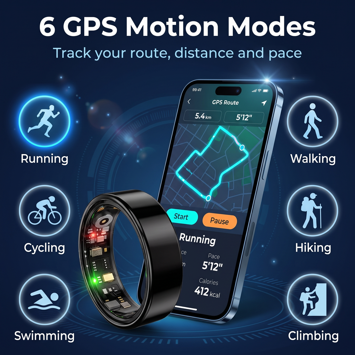 R09 Smart Ring - 6 GPS motion modes